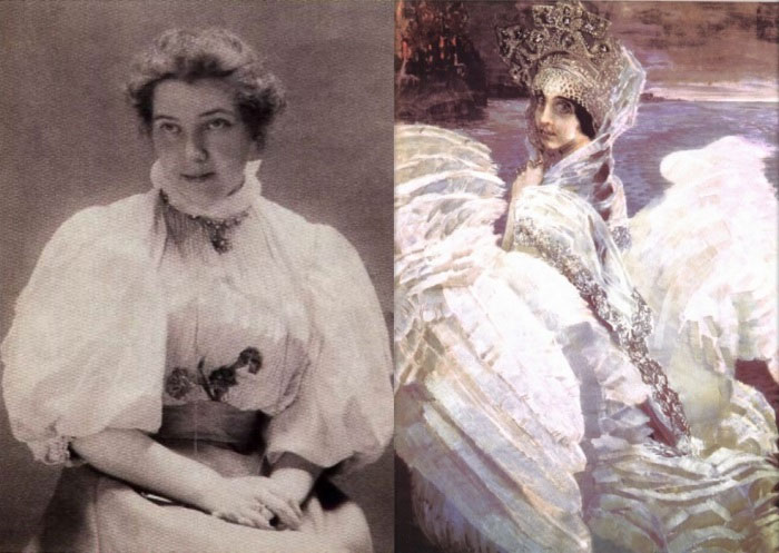 Слева – Н. И. Забела-Врубель, 1897. Справа – М. Врубель. Царевна-Лебедь, 1900