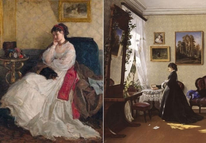 И. Шишкин изобразил свою жену на двух картинах: *Дама с собачкой*, 1868 и *Перед зеркалом. За чтением письма*, 1870