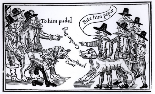 Еще одна гравюра из брошюры сторонников Кромвеля. «Кавалеры» и «круглоголовые» стравливают своих собак